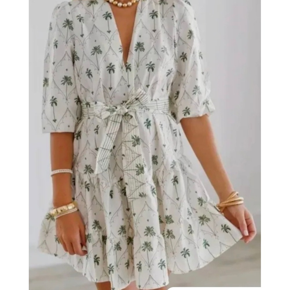 NEW Zara Palm Tree Print Cotton Mini Dress Resort Chic Coastal Cowgirl Breezy XS